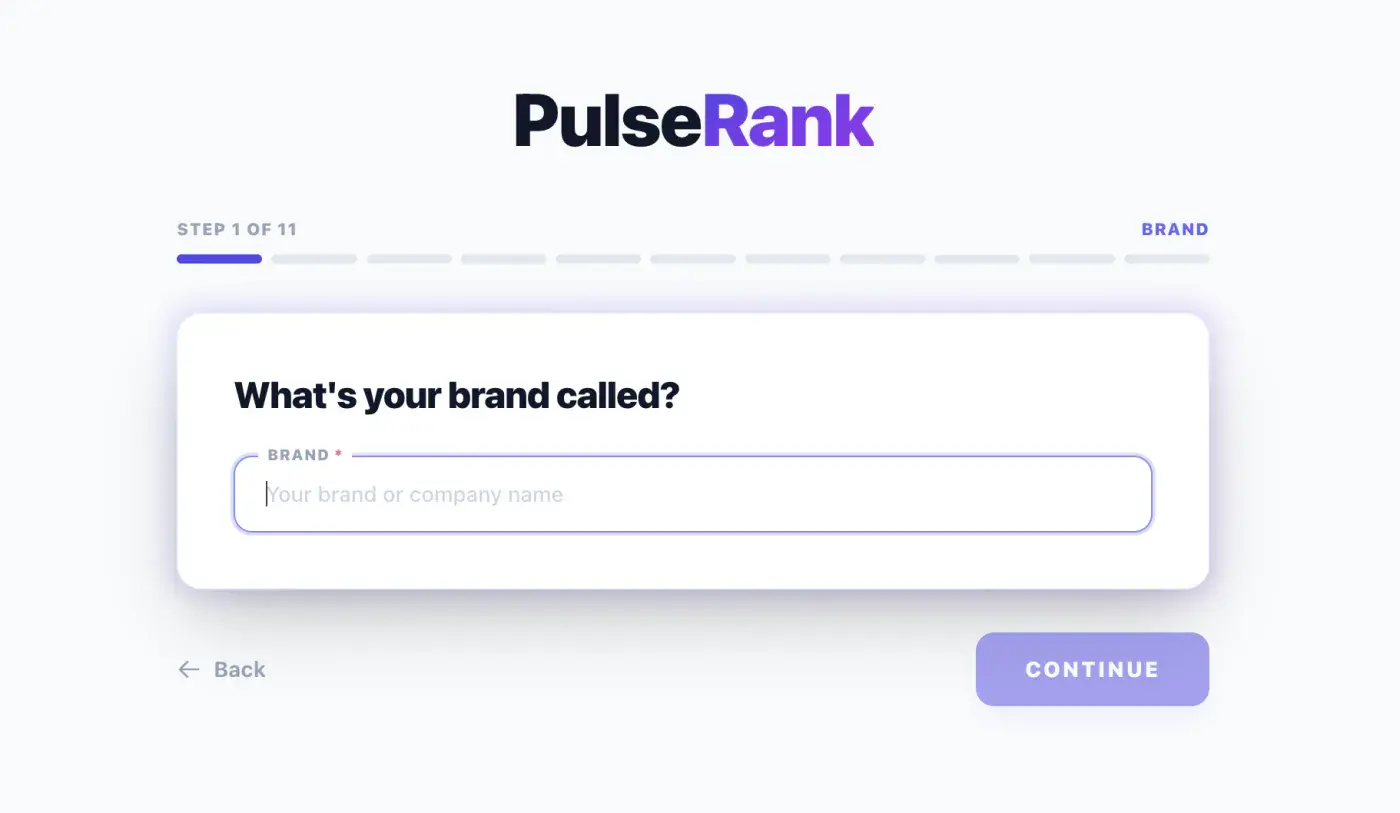 PulseRank onboarding asking "What's your brand called?" with a brand name field
